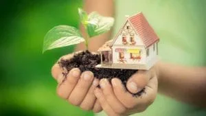 A small house and a green shoot in someones hand, a metaphor for how its possible to build an eco friendly home.